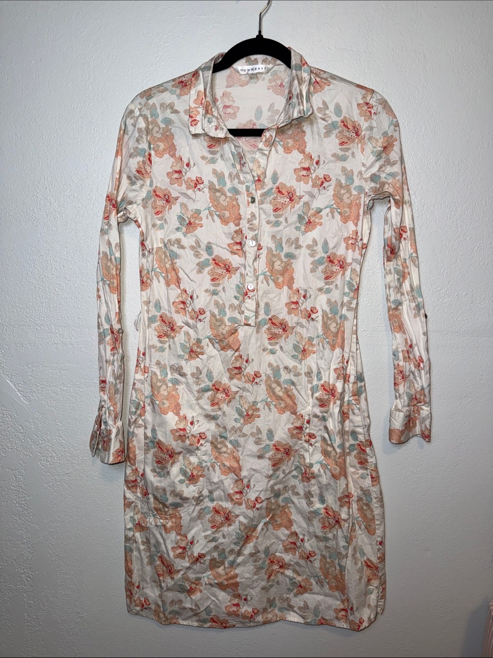 DownEast Cream Floral Long-Sleeve Shirt Dress with Peach and Sage Print